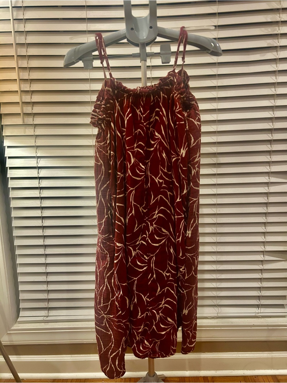 Time and Tru Burgundy Printed Midi Sundress with Cream Leaf Motif